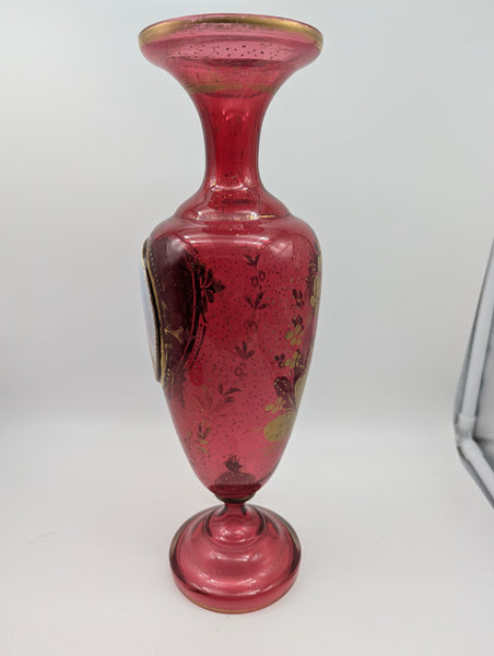 Bohemian Art Glass Vase. Cranberry with Portrait and Gilding. 19th C. 14" H