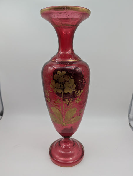 Bohemian Art Glass Vase. Cranberry with Portrait and Gilding. 19th C. 14" H