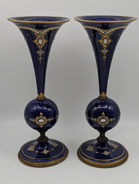 Pair of French Sevres Porcelain Vases. Cobalt Blue and Gold Raised Enamel 19th C