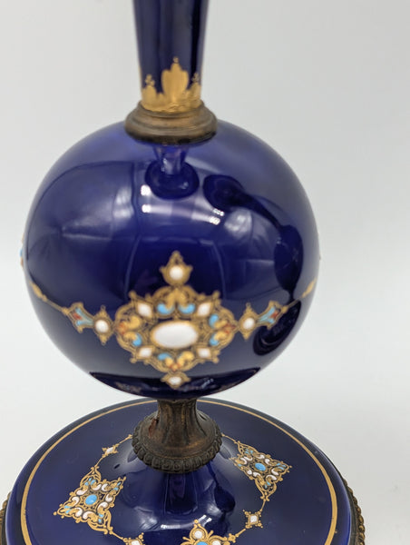 Pair of French Sevres Porcelain Vases. Cobalt Blue and Gold Raised Enamel 19th C