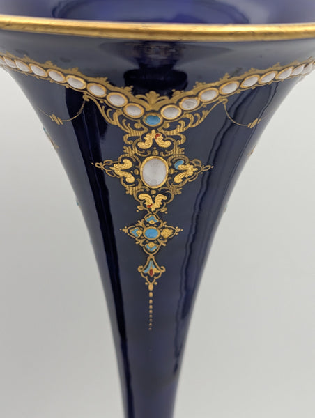 Pair of French Sevres Porcelain Vases. Cobalt Blue and Gold Raised Enamel 19th C