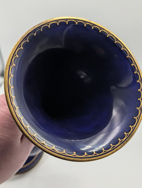 Pair of French Sevres Porcelain Vases. Cobalt Blue and Gold Raised Enamel 19th C