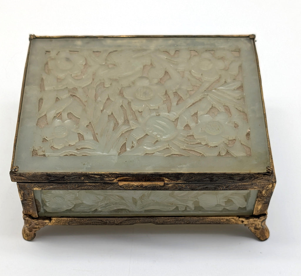 Chinese Serpentine Jade Box. Pierced Flowers and Leaves. Circa 1920.