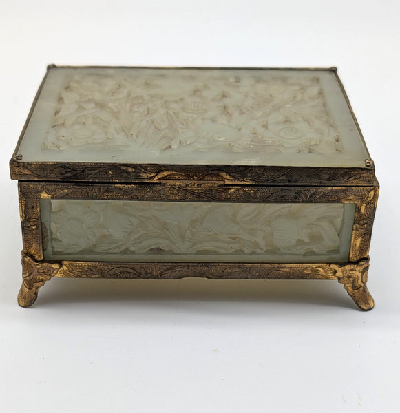 Chinese Serpentine Jade Box. Pierced Flowers and Leaves. Circa 1920.