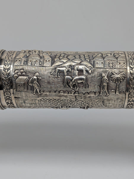 Cylinder Document Box Large Scroll Holder on Stands. India 925 Silver. 17 1/2"