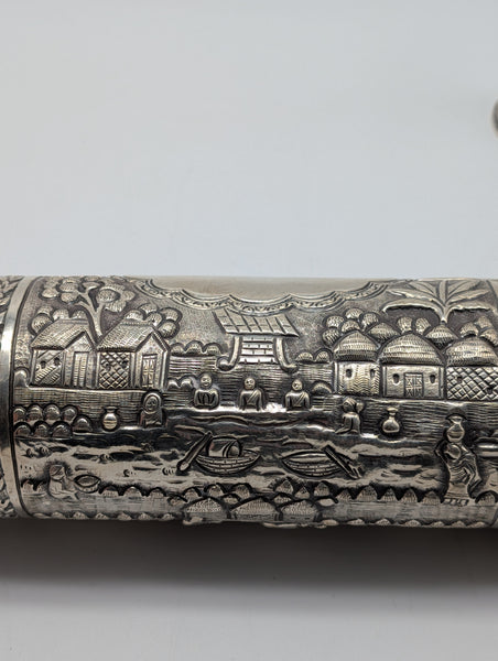 Cylinder Document Box Large Scroll Holder on Stands. India 925 Silver. 17 1/2"