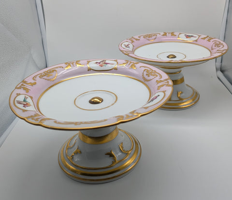 Pair Serving Dessert Compotes. French Old Paris Porcelain. Pink and White 19th C