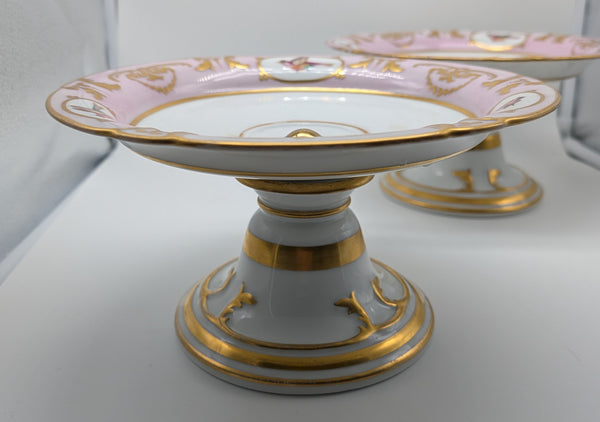 Pair Serving Dessert Compotes. French Old Paris Porcelain. Pink and White 19th C