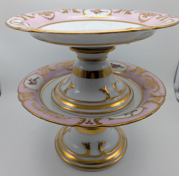 Pair Serving Dessert Compotes. French Old Paris Porcelain. Pink and White 19th C