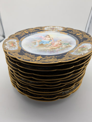 12 French Sevres Plates. Chateau des Tuileries Cobalt and Classical Scenes. 9.5"