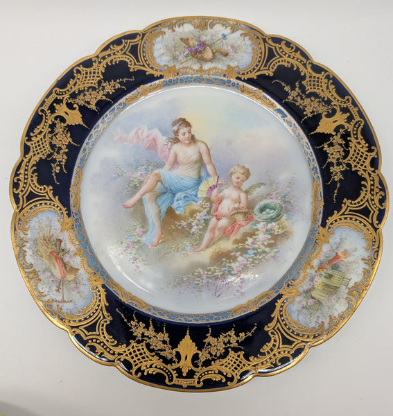 12 French Sevres Plates. Chateau des Tuileries Cobalt and Classical Scenes. 9.5"