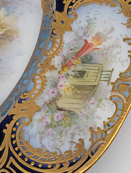 12 French Sevres Plates. Chateau des Tuileries Cobalt and Classical Scenes. 9.5"