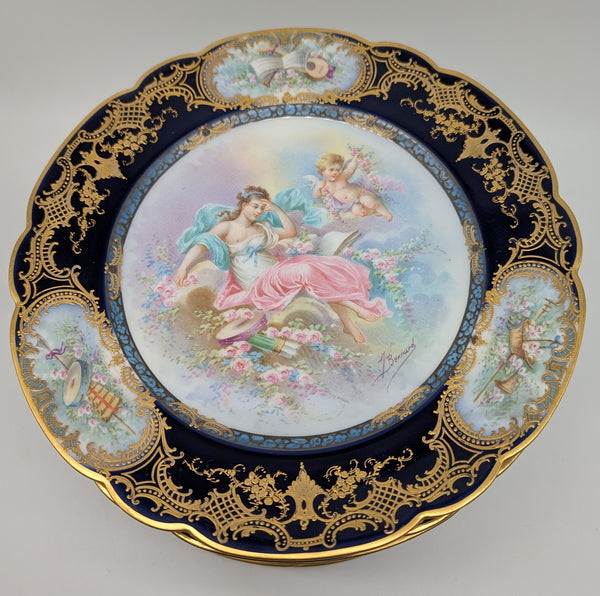12 French Sevres Plates. Chateau des Tuileries Cobalt and Classical Scenes. 9.5"