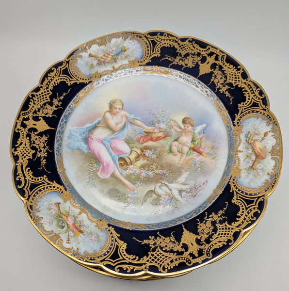 12 French Sevres Plates. Chateau des Tuileries Cobalt and Classical Scenes. 9.5"
