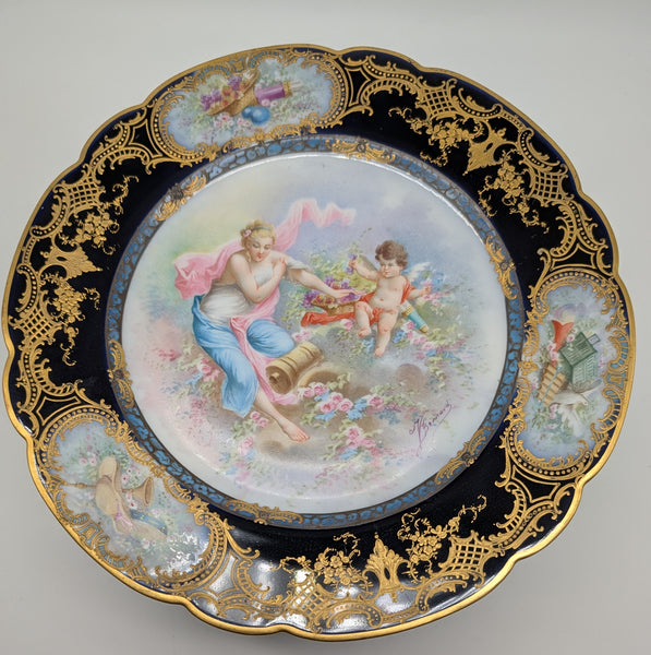 12 French Sevres Plates. Chateau des Tuileries Cobalt and Classical Scenes. 9.5"