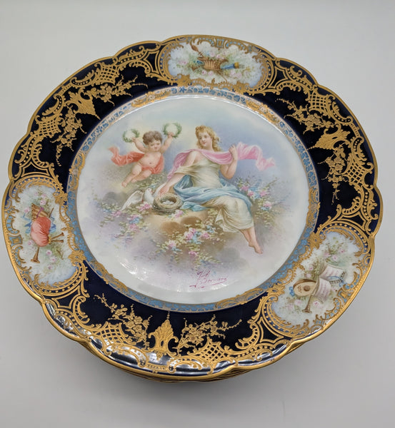 12 French Sevres Plates. Chateau des Tuileries Cobalt and Classical Scenes. 9.5"