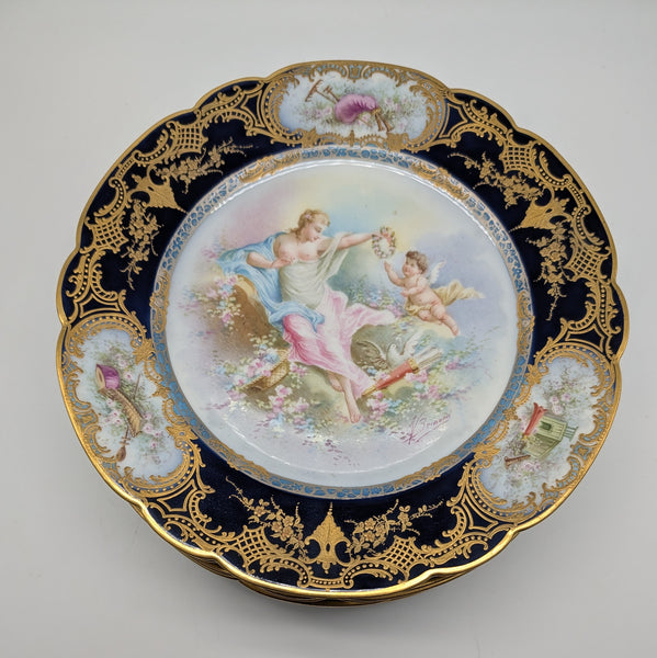 12 French Sevres Plates. Chateau des Tuileries Cobalt and Classical Scenes. 9.5"