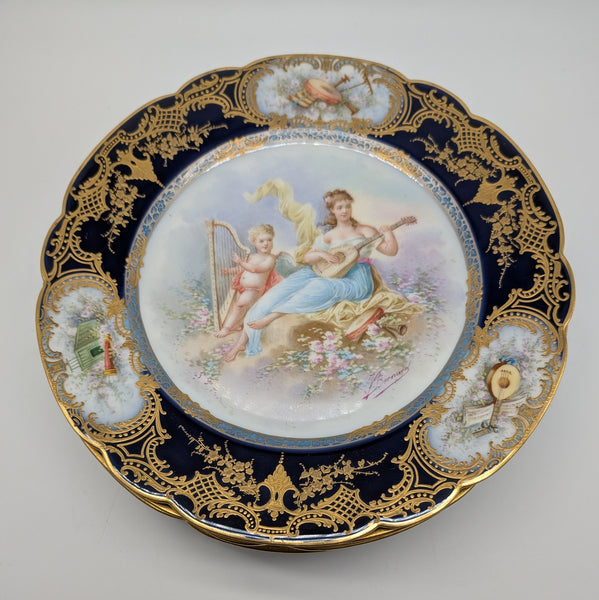 12 French Sevres Plates. Chateau des Tuileries Cobalt and Classical Scenes. 9.5"