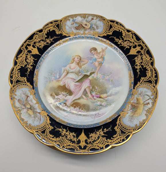 12 French Sevres Plates. Chateau des Tuileries Cobalt and Classical Scenes. 9.5"