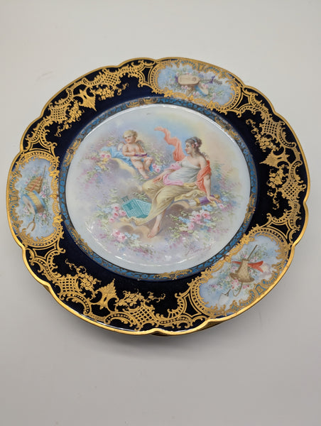 12 French Sevres Plates. Chateau des Tuileries Cobalt and Classical Scenes. 9.5"