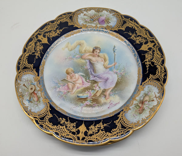 12 French Sevres Plates. Chateau des Tuileries Cobalt and Classical Scenes. 9.5"