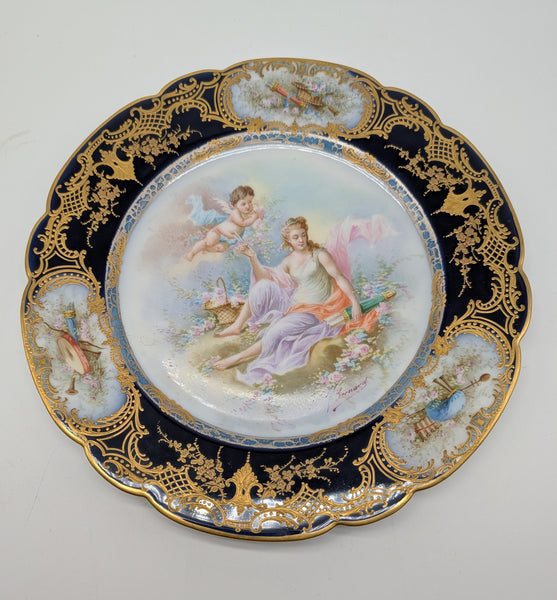 12 French Sevres Plates. Chateau des Tuileries Cobalt and Classical Scenes. 9.5"