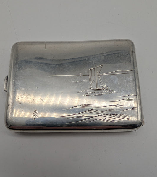 Cigarette Case. Japanese 950 Silver. Palace on Cliff with Boat in Water