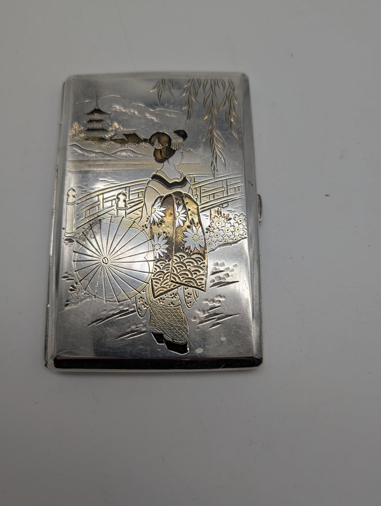 Cigarette Case. Japanese 950 Silver. Geisha, Bridge, Pagoda. Gilding and Niello