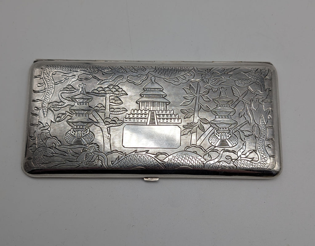 Large Cigarette Card Case. Japanese Silver. Pagoda, Trees, Dragon, Mt. Fuji.