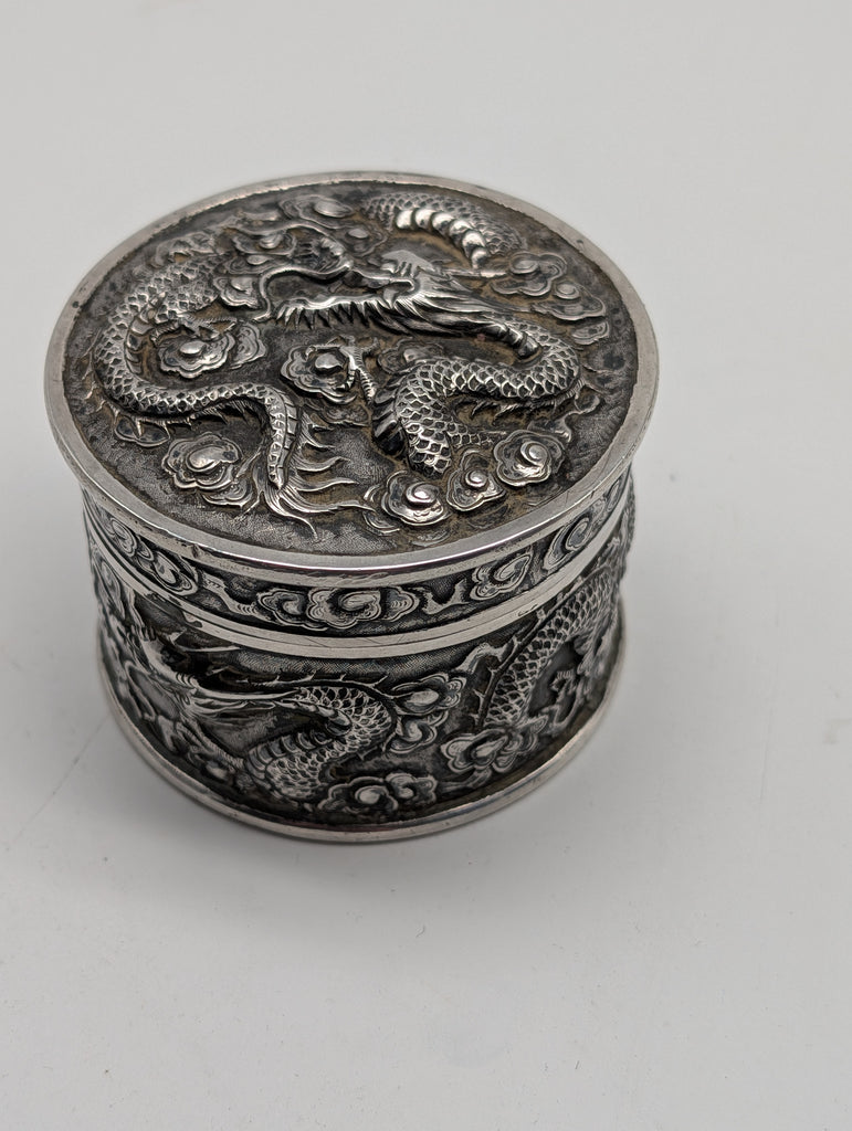 Circular Dragon Box. Chinese Export Silver. Tuck Chang. 3" D X 2" H