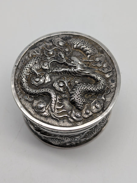 Circular Dragon Box. Chinese Export Silver. Tuck Chang. 3" D X 2" H