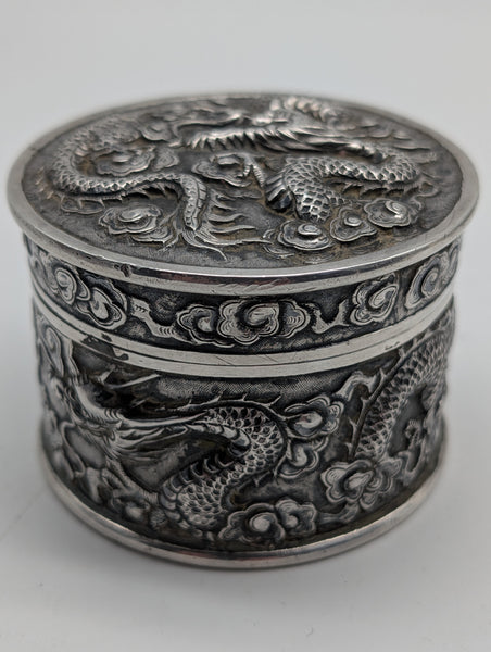 Circular Dragon Box. Chinese Export Silver. Tuck Chang. 3" D X 2" H