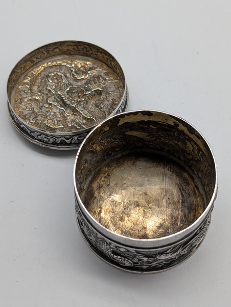 Circular Dragon Box. Chinese Export Silver. Tuck Chang. 3" D X 2" H