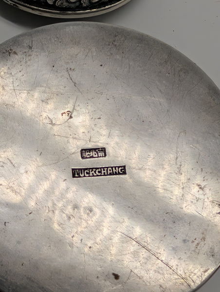 Circular Dragon Box. Chinese Export Silver. Tuck Chang. 3" D X 2" H