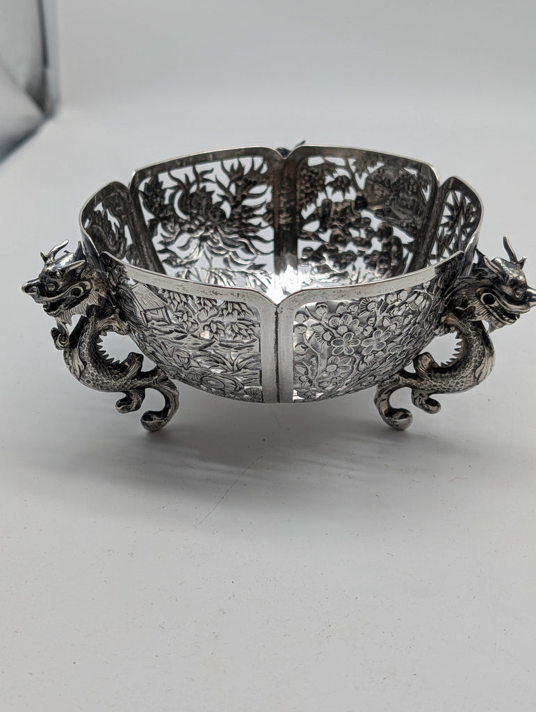 Chinese Export Silver Pierced Dragon Bowl. WC Maker Mark. Circa 1890