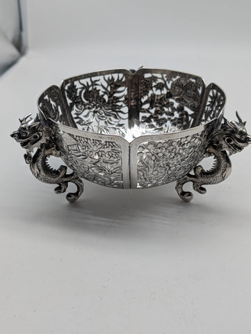 Chinese Export Silver Pierced Dragon Bowl. WC Maker Mark. Circa 1890