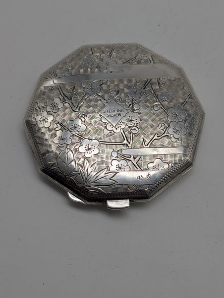 Art Deco Compact. Sterling Silver. Japanese Peacock, Mums, Cherry Blossom.