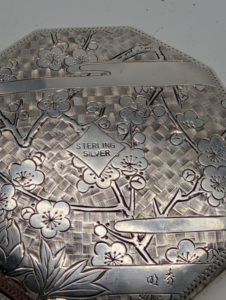 Art Deco Compact. Sterling Silver. Japanese Peacock, Mums, Cherry Blossom.