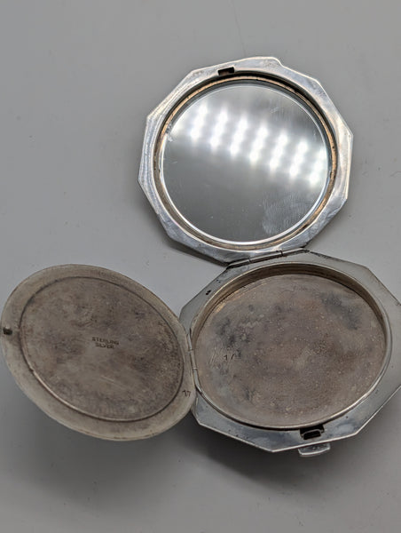 Art Deco Compact. Sterling Silver. Japanese Peacock, Mums, Cherry Blossom.