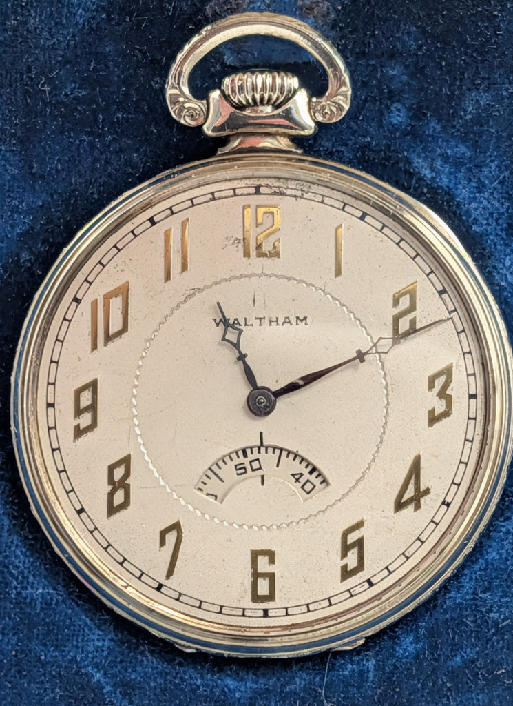 Waltham Open Face Pocket Watch. 14K White Gold Case. Secometer. 17 Jewel Size 12