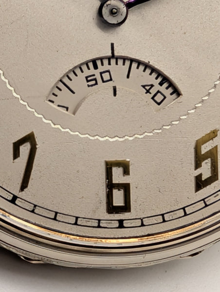 Waltham Open Face Pocket Watch. 14K White Gold Case. Secometer. 17 Jewel Size 12