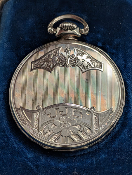 Waltham Open Face Pocket Watch. 14K White Gold Case. Secometer. 17 Jewel Size 12