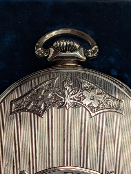 Waltham Open Face Pocket Watch. 14K White Gold Case. Secometer. 17 Jewel Size 12