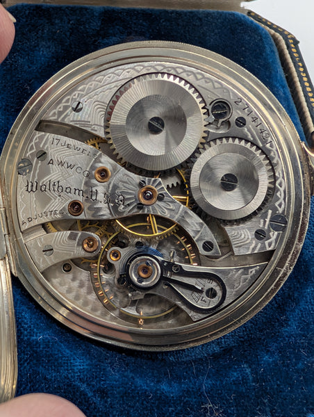 Waltham Open Face Pocket Watch. 14K White Gold Case. Secometer. 17 Jewel Size 12