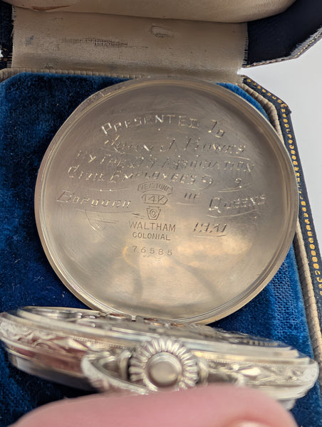 Waltham Open Face Pocket Watch. 14K White Gold Case. Secometer. 17 Jewel Size 12