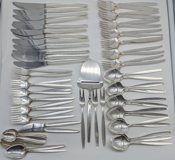 Georg Jensen Denmark Sterling Silver Cypress Pattern. Mid Century. 75 pieces.