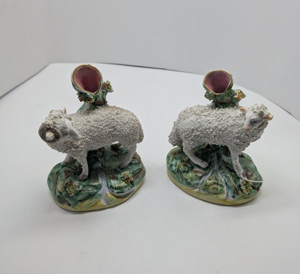 Pair of Staffordshire Sheep Vases. Circa 1850. 4 3/4"