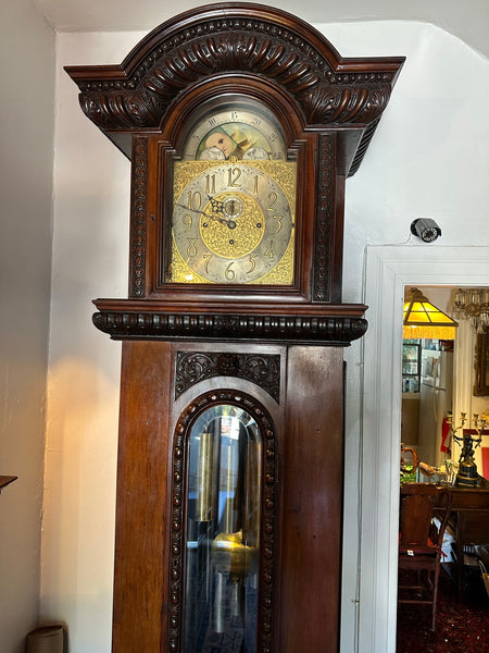 Very Large English Mahogany Grandfather Clock. Lunar Dial. Elliott London