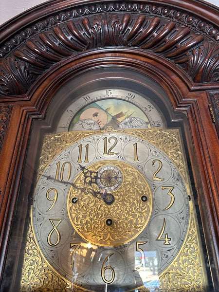 Very Large English Mahogany Grandfather Clock. Lunar Dial. Elliott London