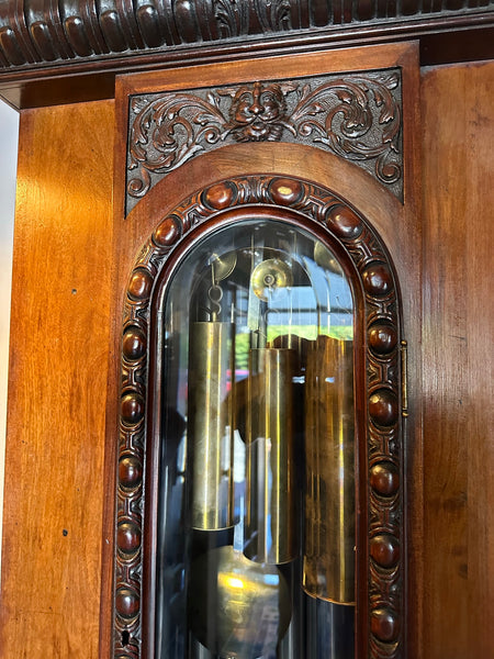 Very Large English Mahogany Grandfather Clock. Lunar Dial. Elliott London